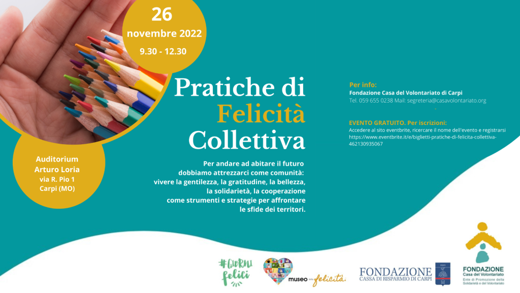 Pratiche di felicità collettiva: il 26 novembre a Carpi un incontro per allenarsi a costruire una comunità felice