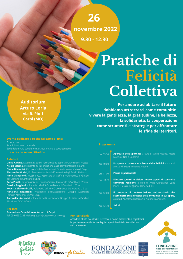 Pratiche di felicità collettiva: il 26 novembre a Carpi un incontro per allenarsi a costruire una comunità felice