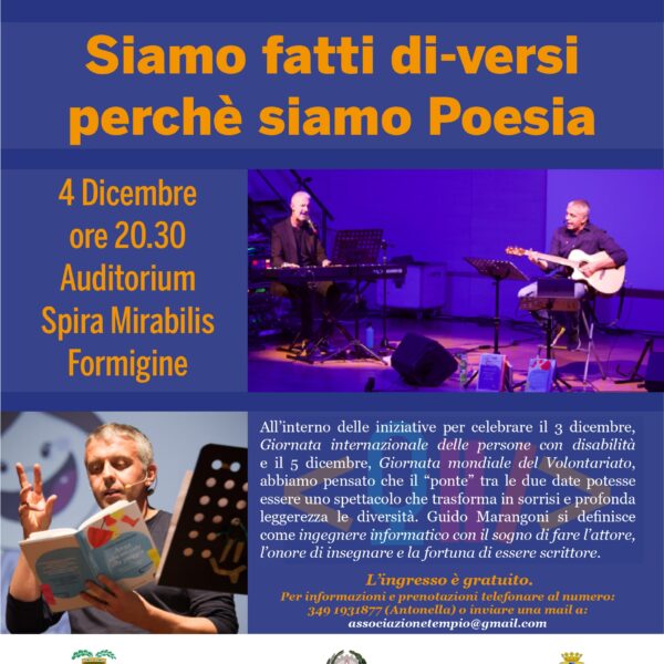 Siamo fatti di-versi perché siamo Poesia, 4 Dicembre, ore 20.30. Auditorium Spira Mirabilis Formigine