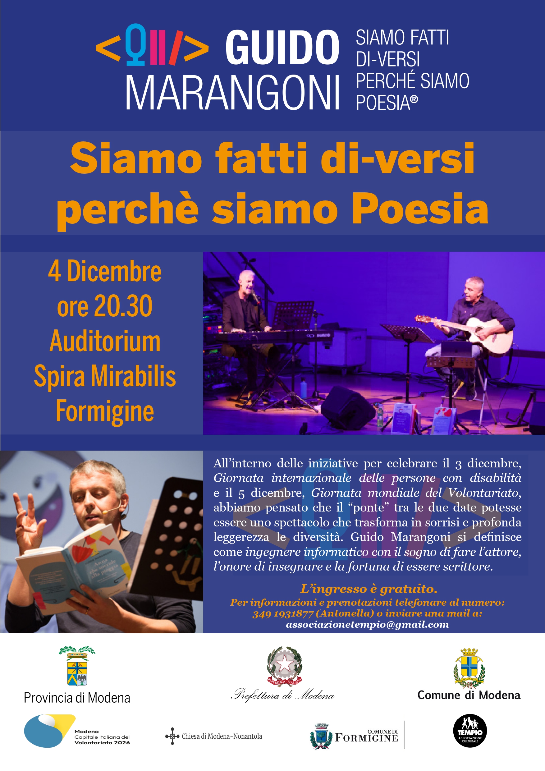 Siamo fatti di-versi perché siamo Poesia, 4 Dicembre, ore 20.30. Auditorium Spira Mirabilis Formigine